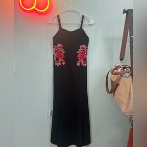 Black Floral Embroidered Spaghetti Strap Dress